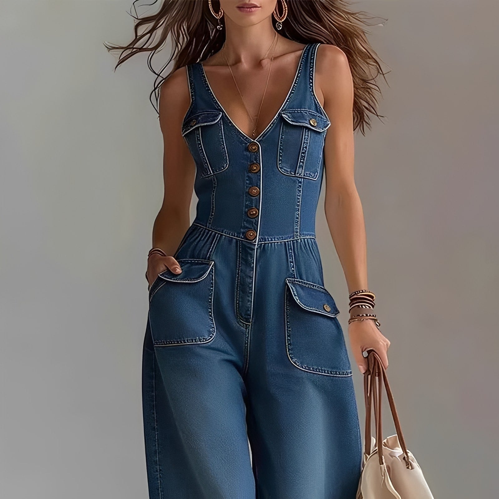 Macacão Jeans Feminino Casual com Suspensório