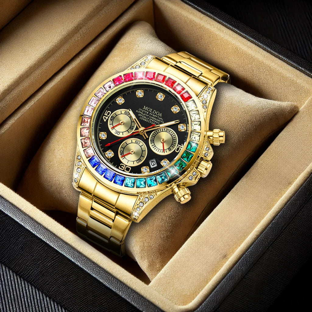 Relógio de Pulso Masculino Quartzo Pulseira de Aço Design Luxuoso