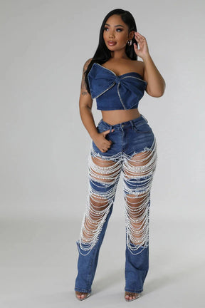 Calça Jeans Feminina Rasgada com Strass