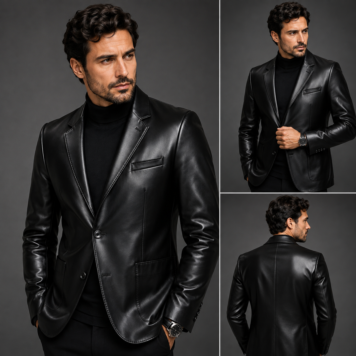 Blazer Masculino em Couro Sintético com Gola Mandarim