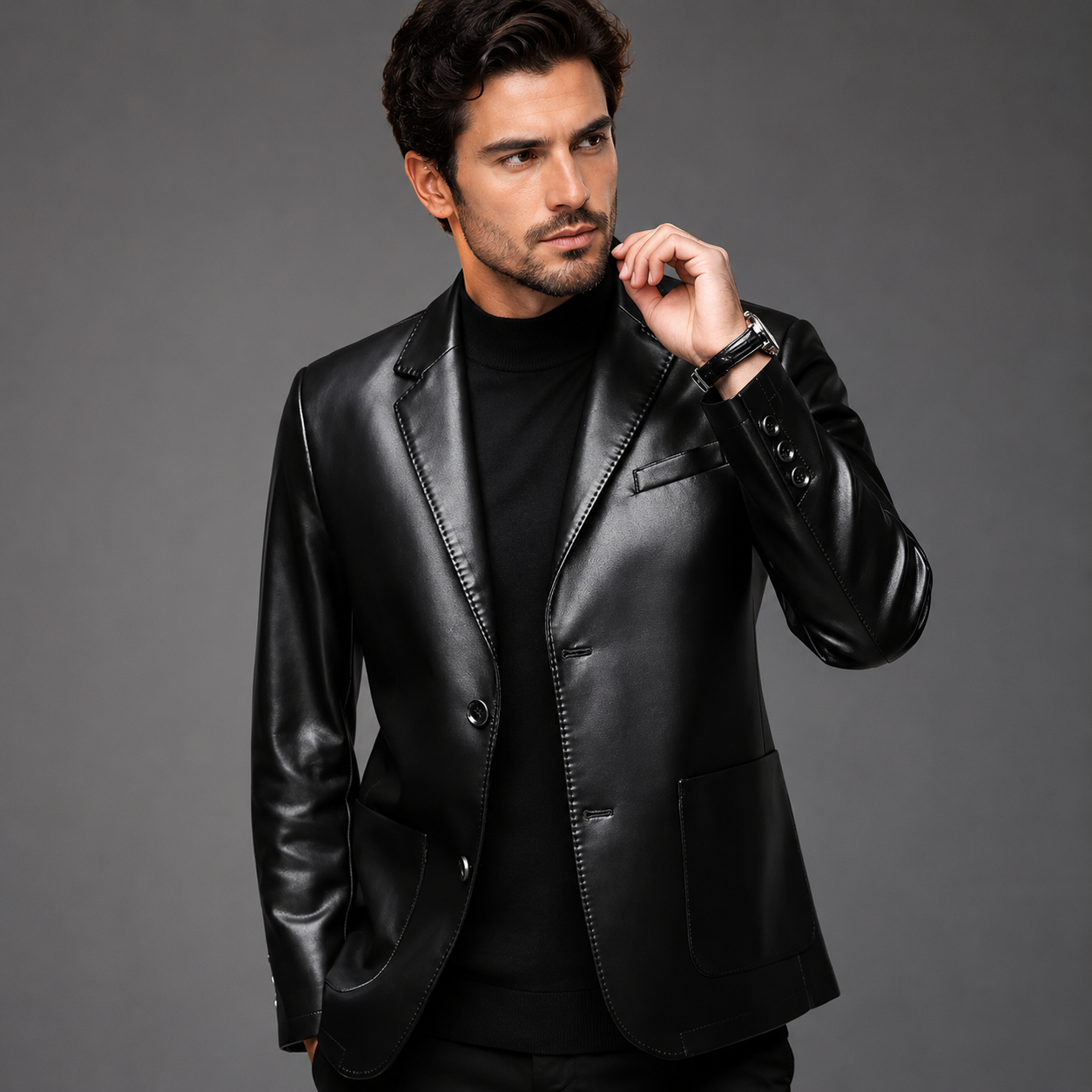 Blazer Masculino em Couro Sintético com Gola Mandarim