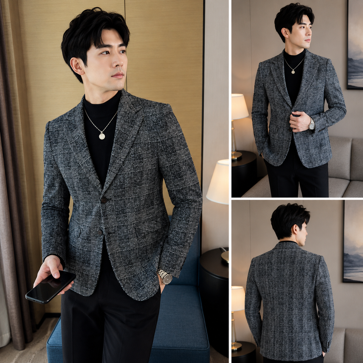 Blazer Masculino Xadrez Estilo Britânico Elegante e Moderno