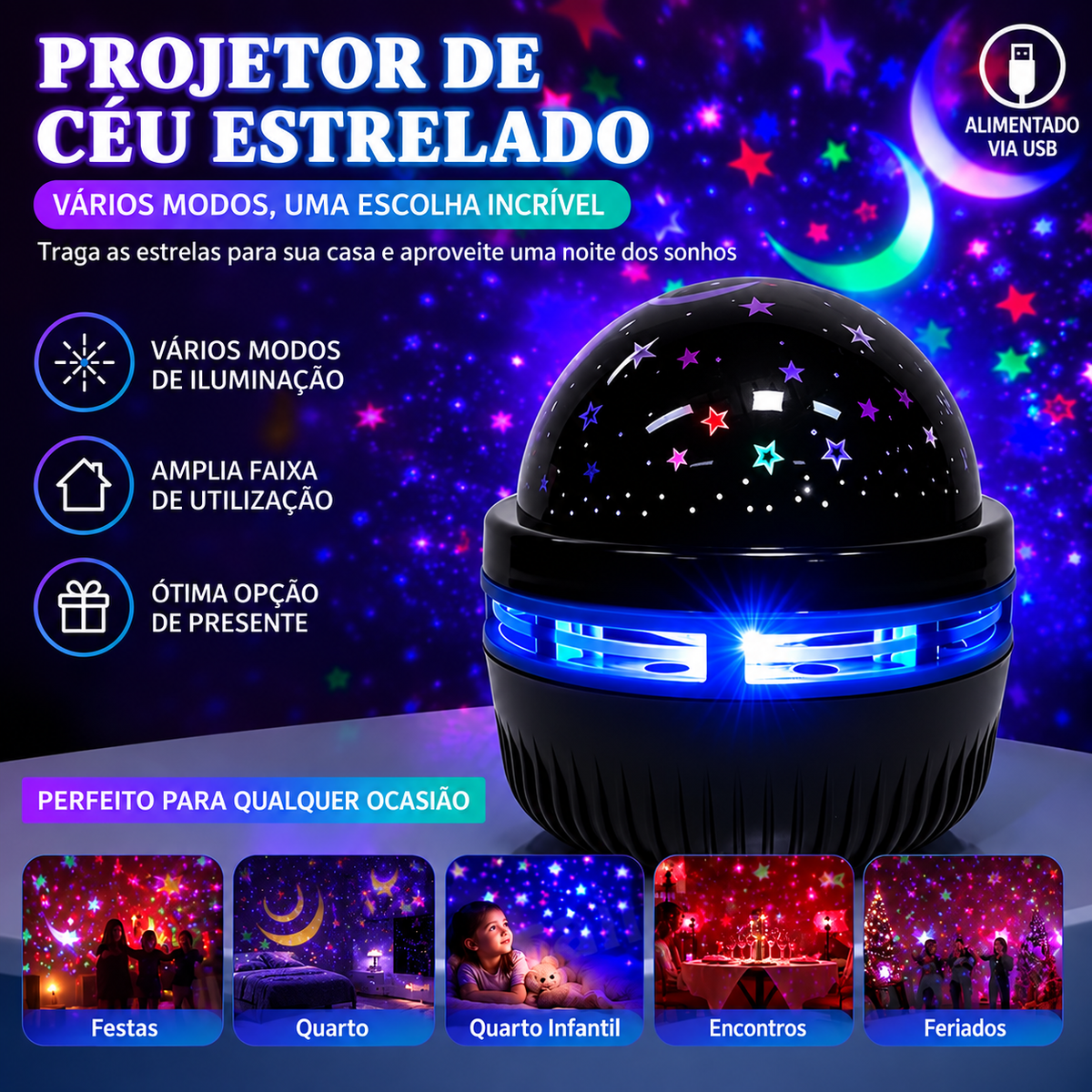 Luz Noturna LED Projetor de Estrelas Moonflare