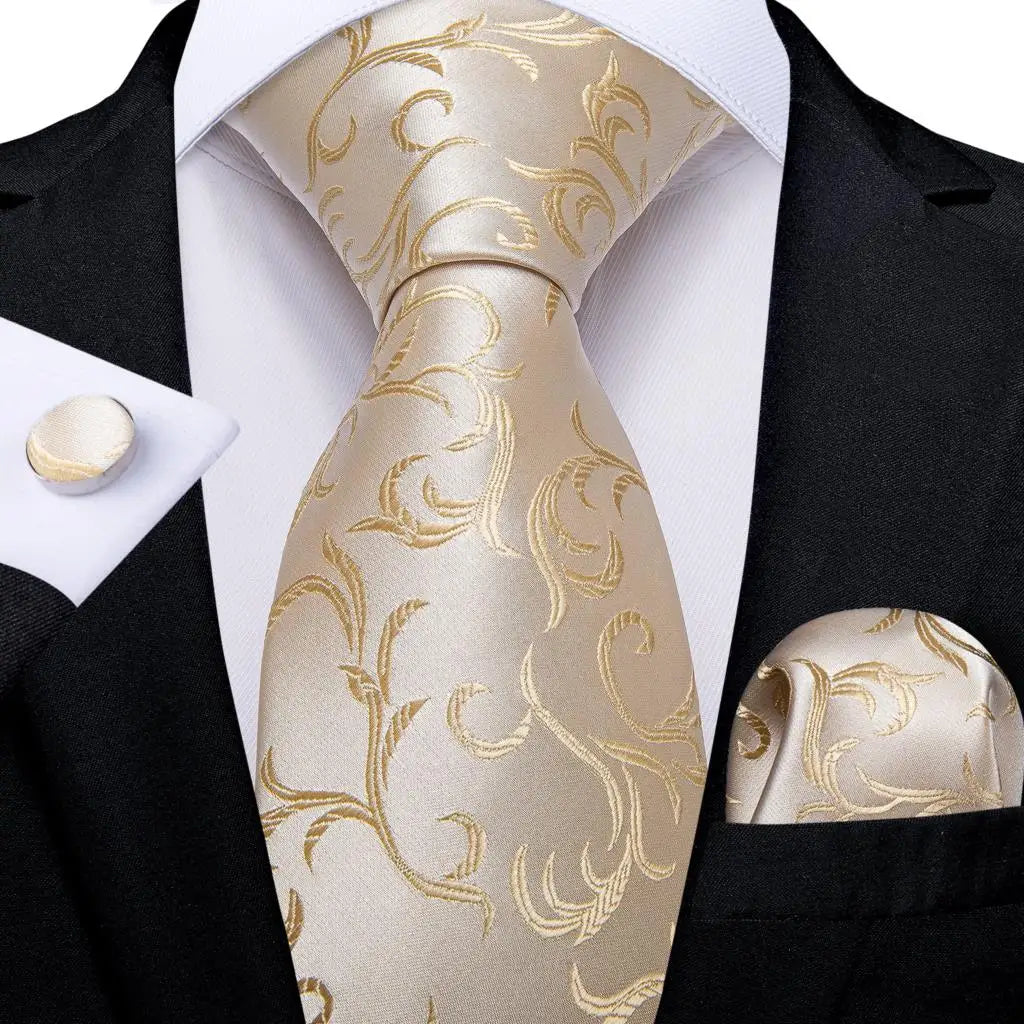 Gravata Masculina de Luxo Bege Floral com Acessórios