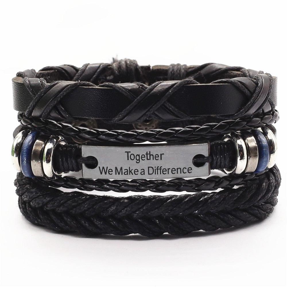 Pulseira Masculina de Couro 3 Peças