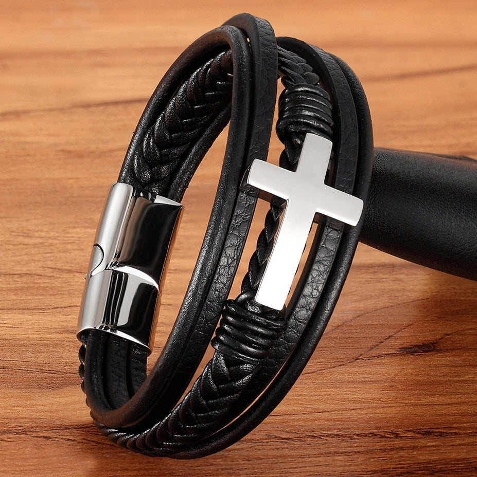 Pulseira Masculina de Couro Cruz da Fé