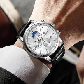 Relógio Masculino LIGE com Pulseira de Couro Fase da Lua
