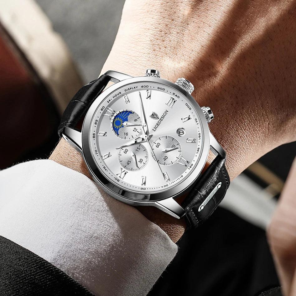 Relógio Masculino LIGE com Pulseira de Couro Fase da Lua