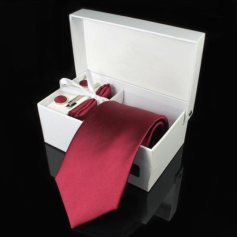 Gravata Masculina de Seda 8cm com Lenço, Abotoaduras e Caixa