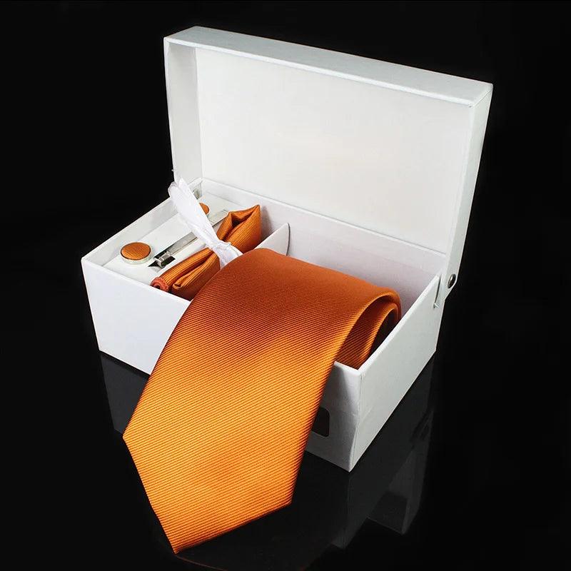 Gravata Masculina de Seda 8cm com Lenço, Abotoaduras e Caixa