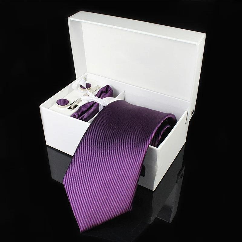 Gravata Masculina de Seda 8cm com Lenço, Abotoaduras e Caixa