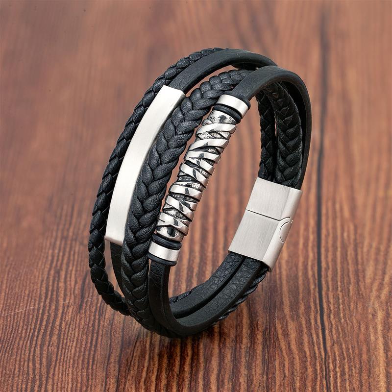 Pulseira Masculina de Couro Multicamada de Tricô