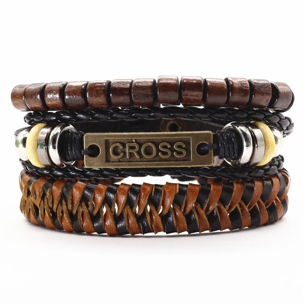 Pulseira Masculina de Couro 3 Peças