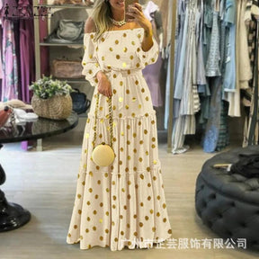 Vestido Longo Boêmio Ombro a Ombro com Pontos Dourados