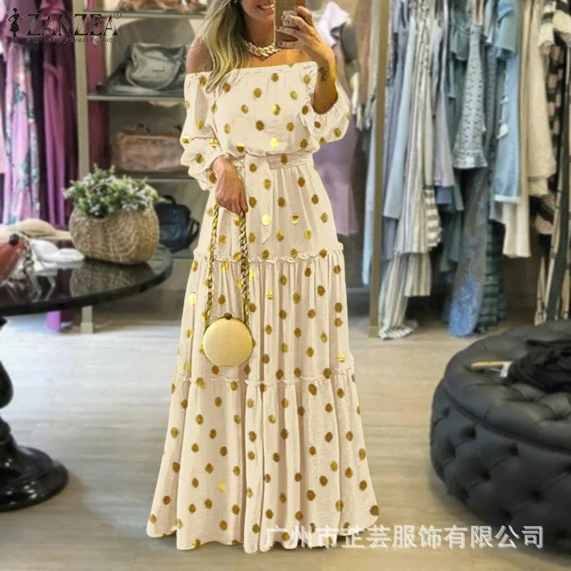Vestido Longo Boêmio Ombro a Ombro com Pontos Dourados
