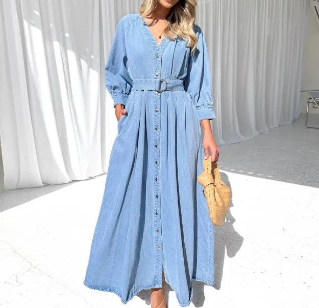 Vestido Feminino Outono/Inverno com Manga Bolha e Cintura Ajustável