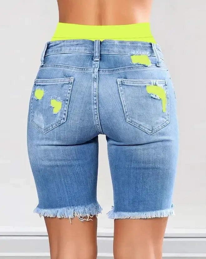 Shorts Feminino Jeans Rasgado Colorida