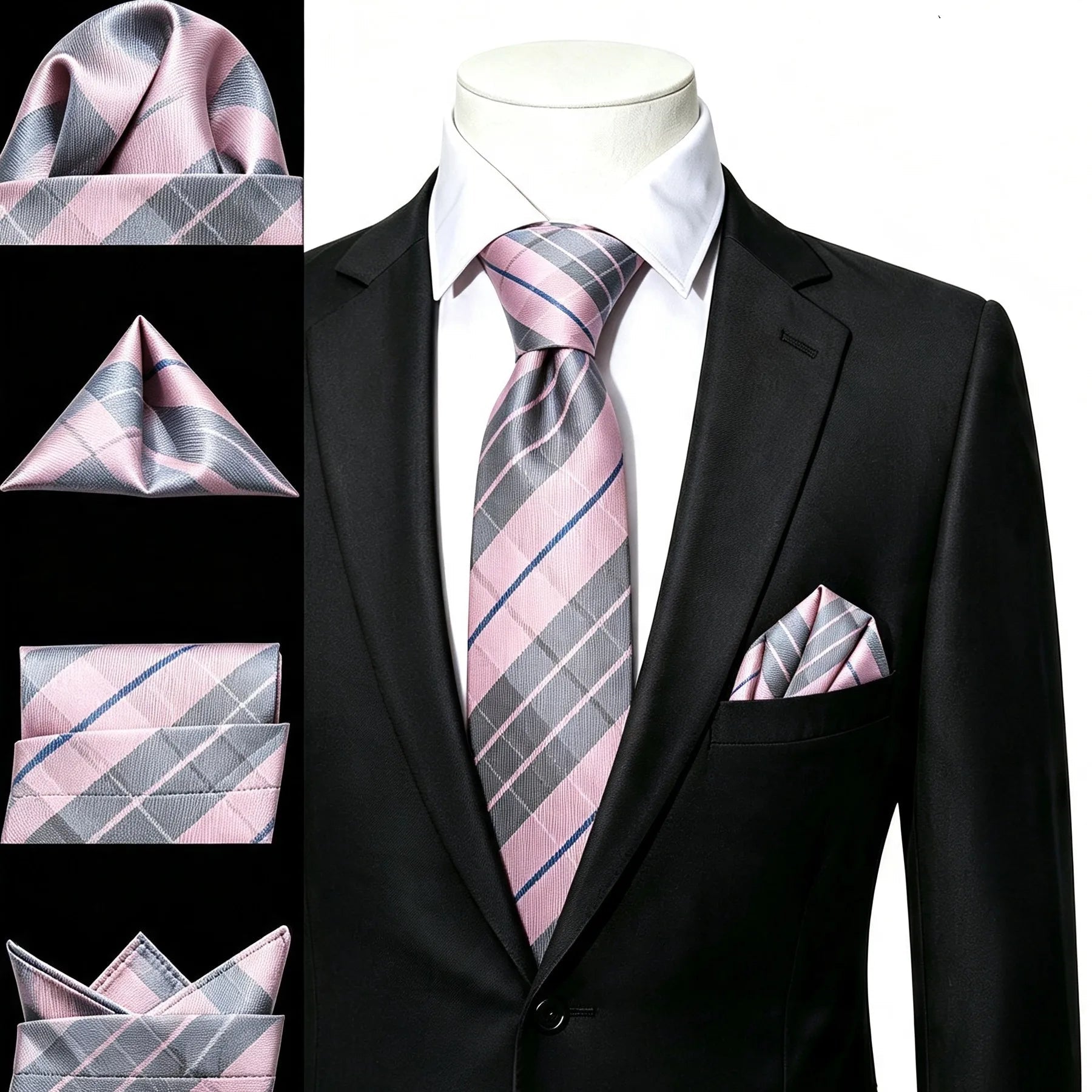 Gravata Masculina Rosa Xadrez com Lenço de Bolso