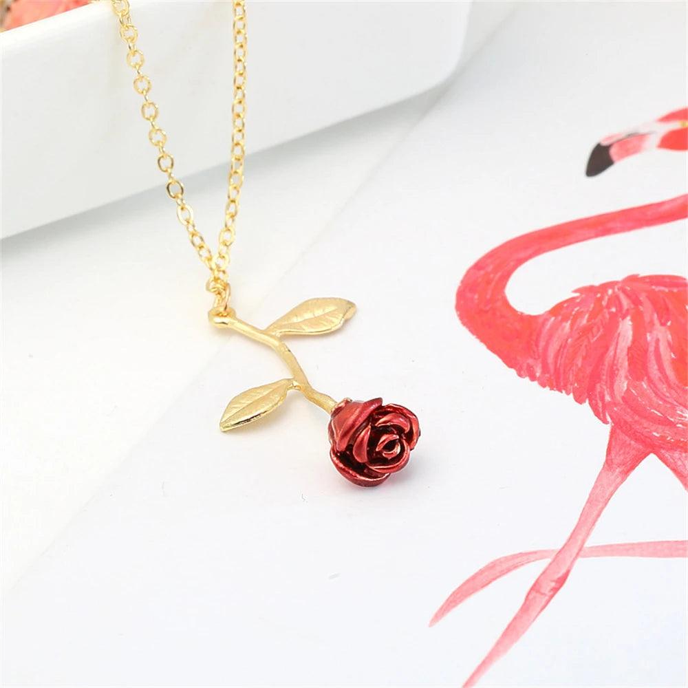 Colar Rosa 3D Feminino Inspirado em A Bela e a Fera