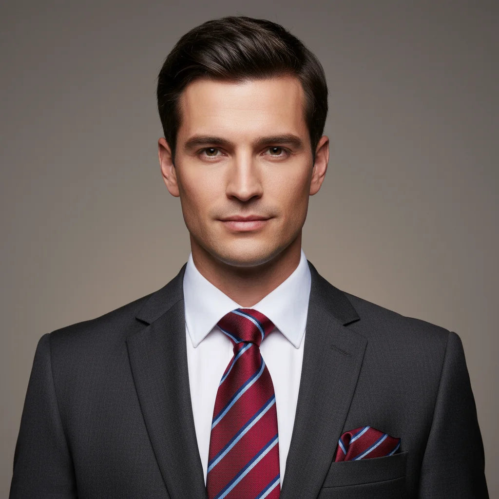 Conjunto de 3 Peças Gravata Masculina de Seda Vermelha com Lenço e Abotoaduras