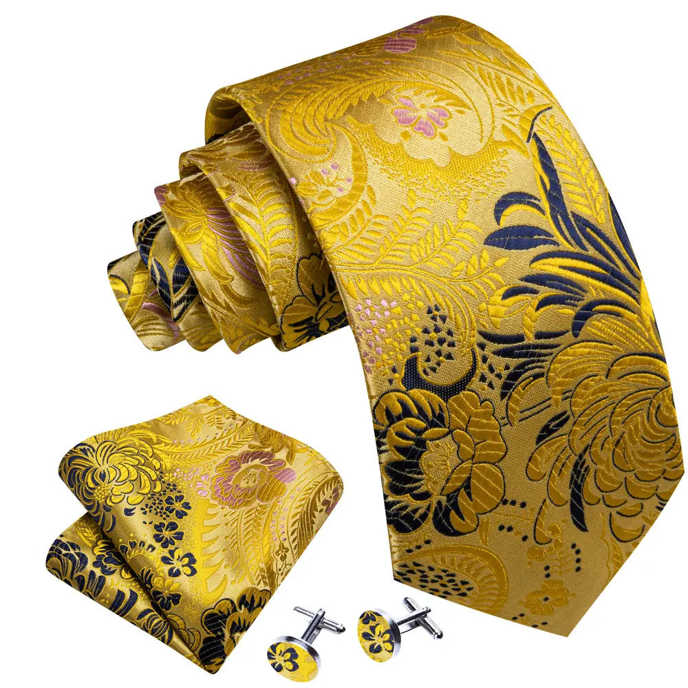 Gravata Masculina Amarelo Floral com Acessórios