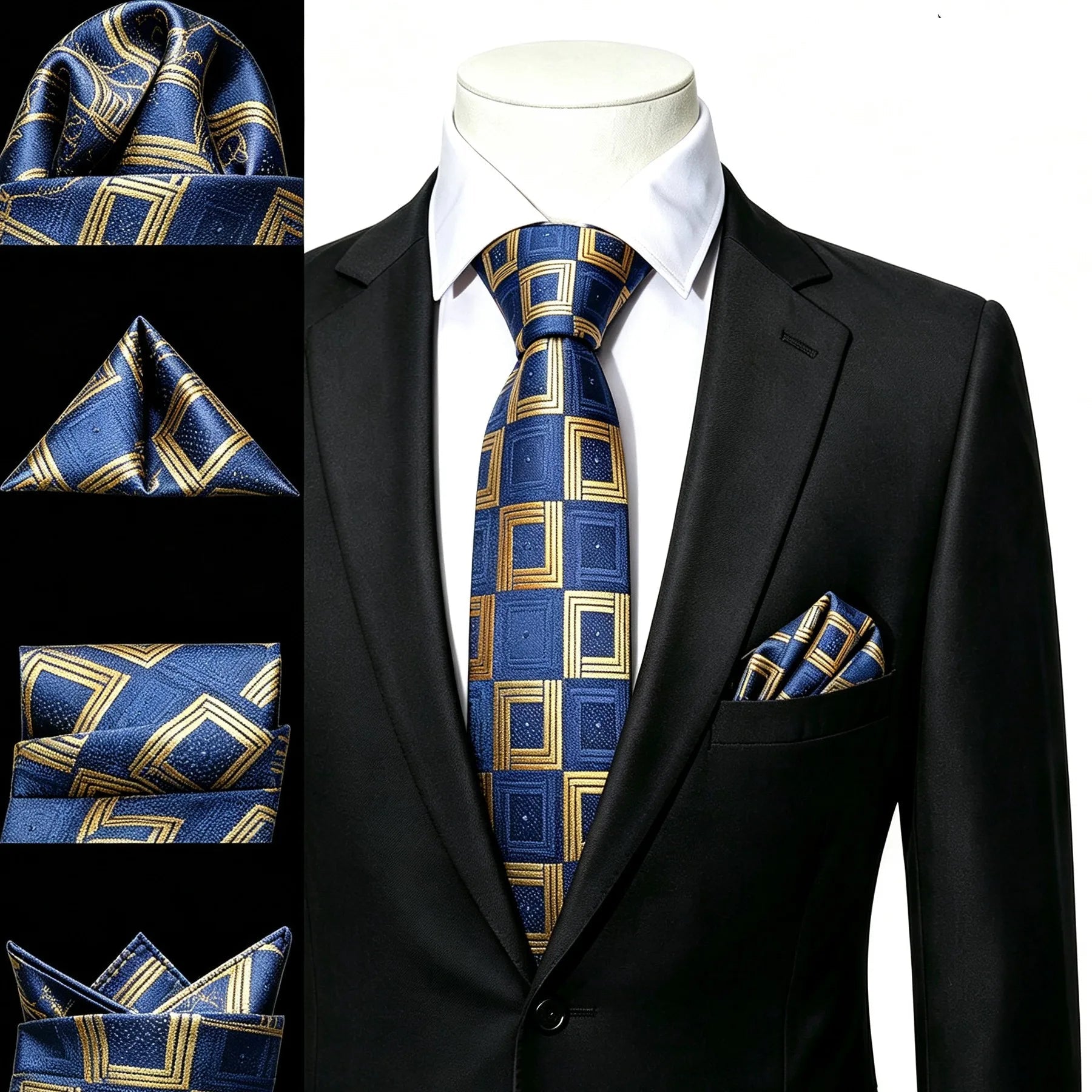 Gravata Masculina Clássica Azul de Poliéster com Lenço de Bolso