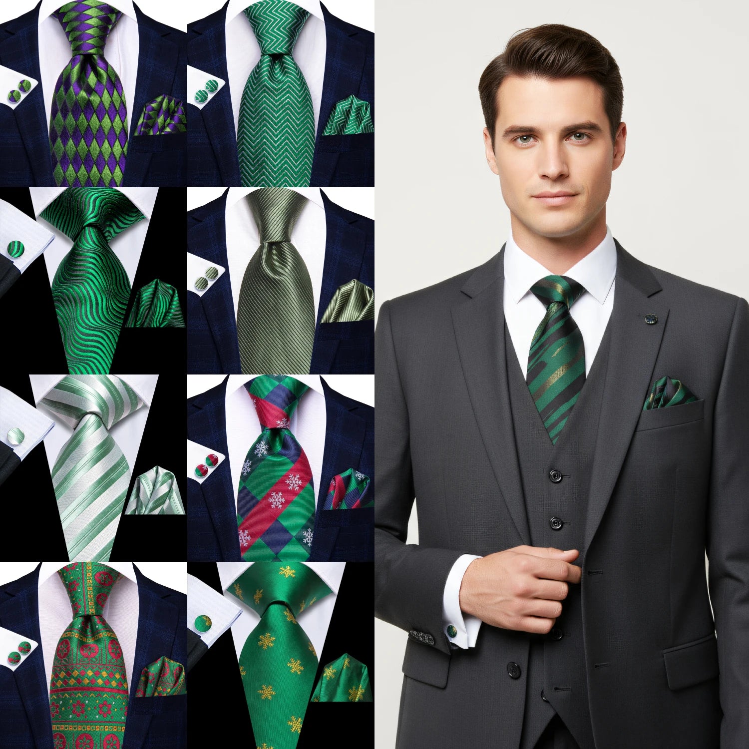 Kit Gravata Masculina Verde Elegante com Lenço e Abotoaduras