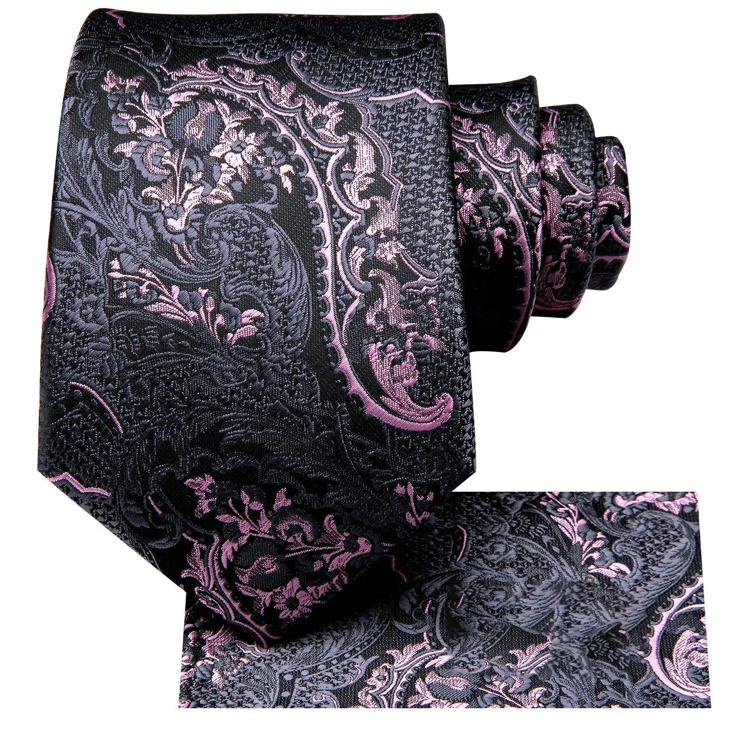 Gravata Masculina Preta e Rosa Floral com Lenço de Bolso