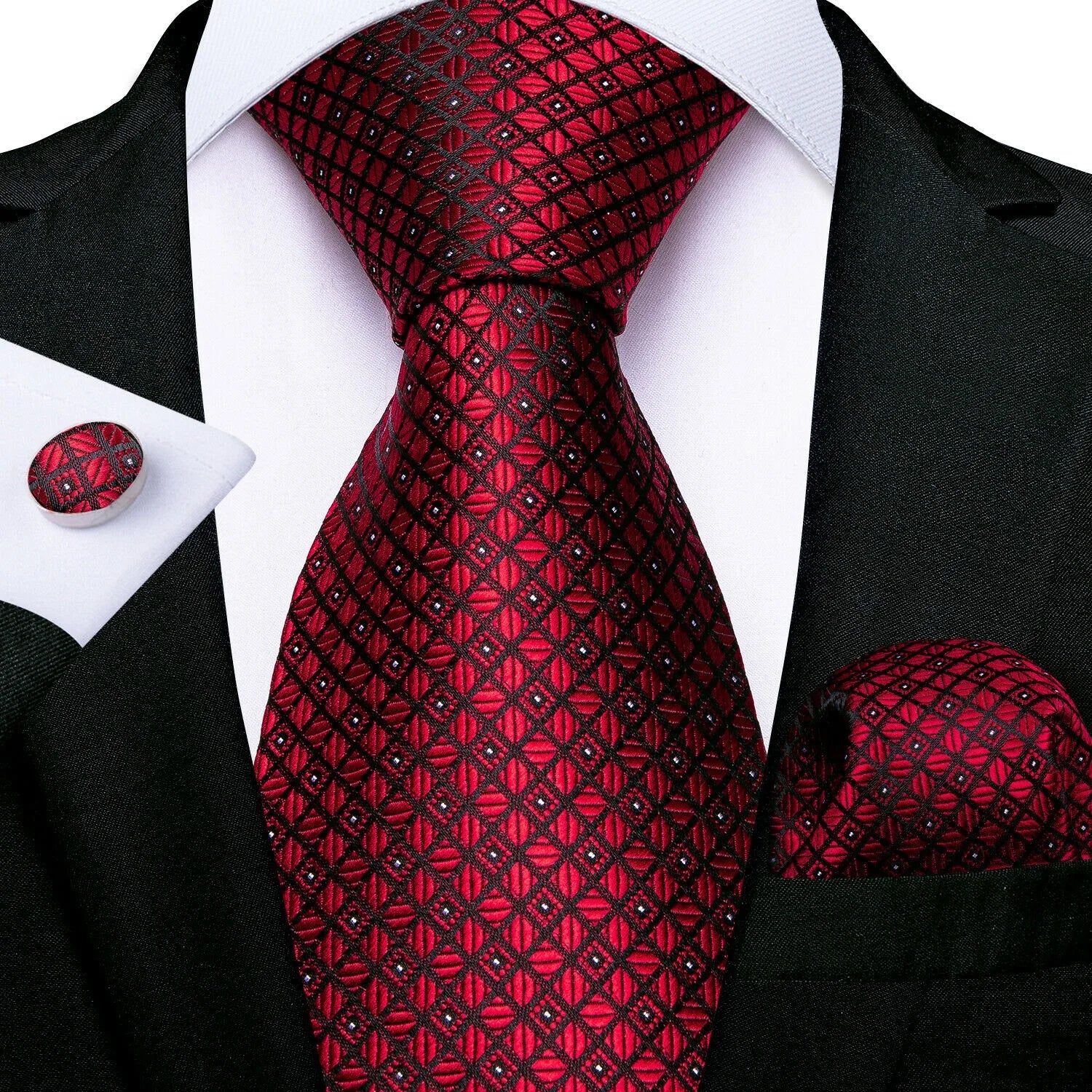Kit Gravata Masculina Social Paisley Vermelha com Lenço e Abotoaduras
