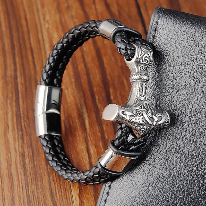 Pulseira Masculina de Couro Genuíno Viking