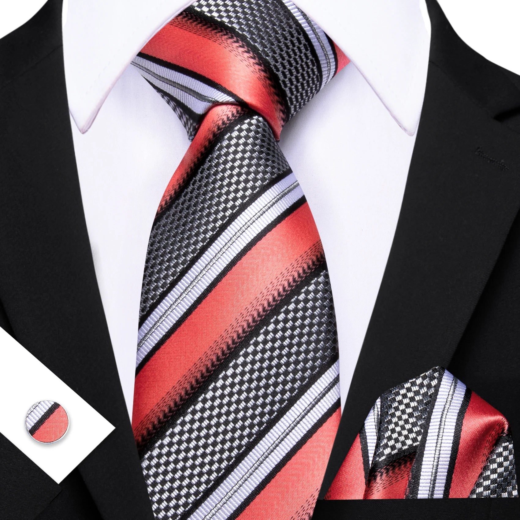 Kit Gravata Masculina Poliéster Listrada Social com Lenço de Bolso