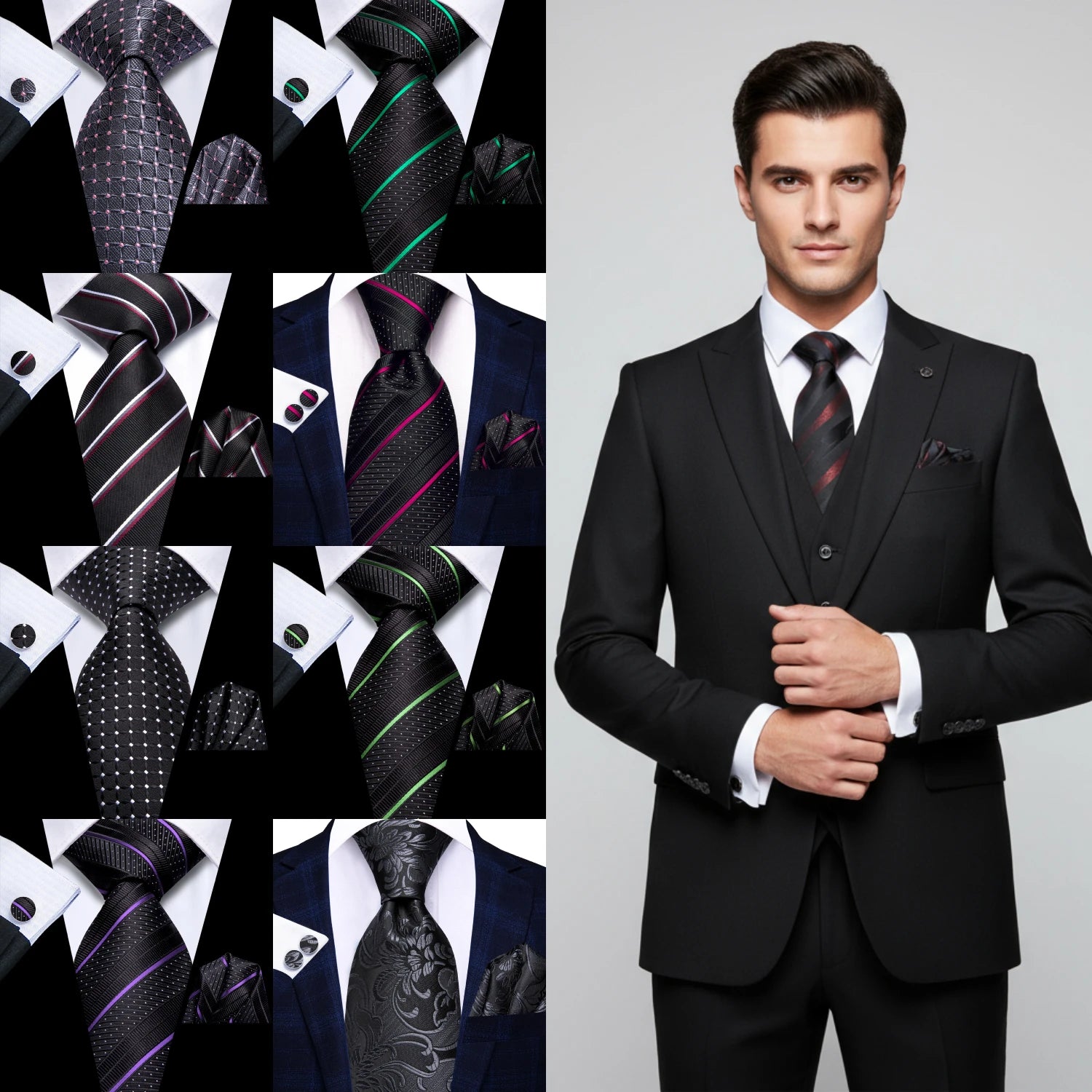 Gravata Masculina Clássica Preto Listrado 8.5 cm com Acessórios
