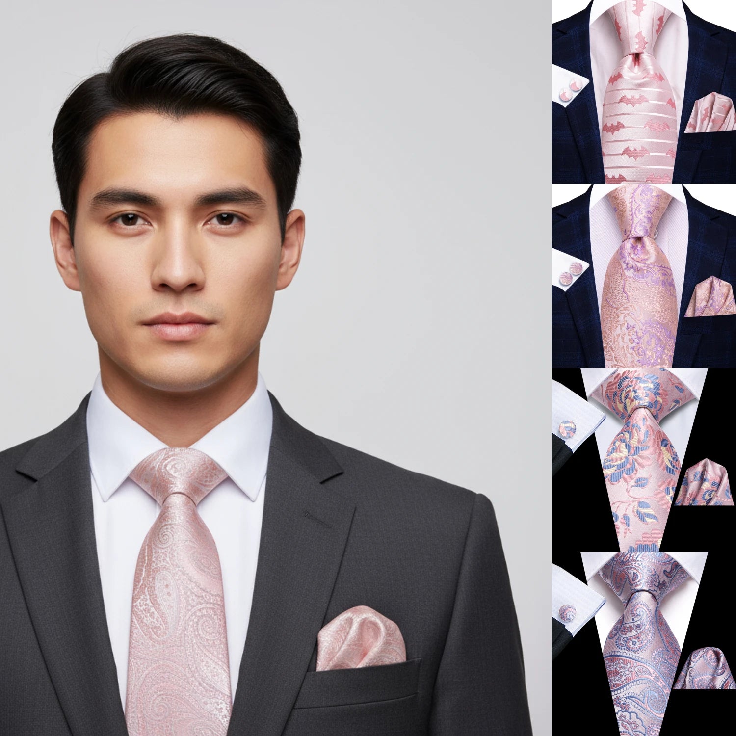 Gravata Masculina Clássica Rosa Listrado com Acessórios