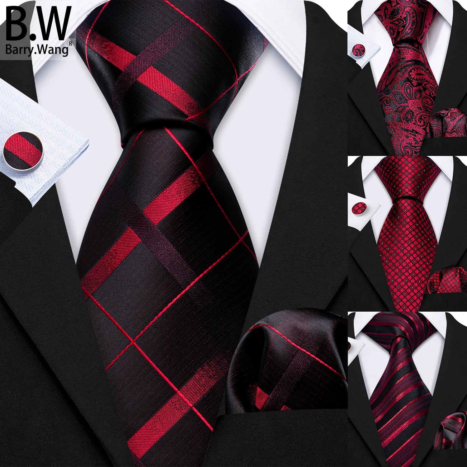 kIt Gravata Masculina de Seda Floral Vermelha Barry Wang