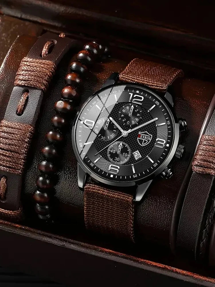 Kit de Presente Masculino 4 Peças com Relógio e Pulseira