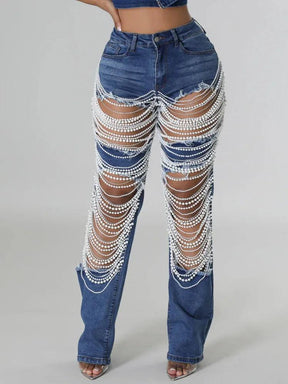 Calça Feminina Jeans Rasgada com Strass