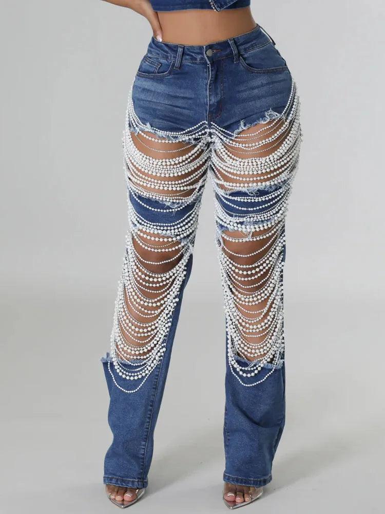 Calça Feminina Jeans Rasgada com Strass