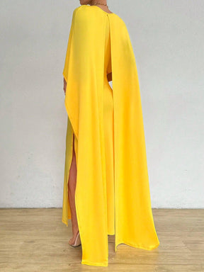 Vestido Longo Feminino Elegante com Capa Amarela