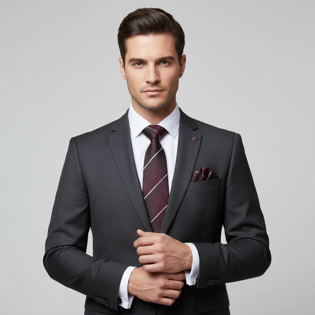 Conjunto de 3 Peças Gravata Masculina de Seda Vermelha com Lenço e Abotoaduras