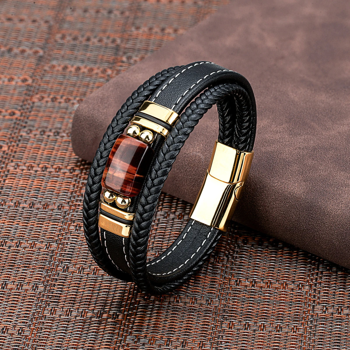 Pulseira Masculina de Couro Olho de Tigre Natural