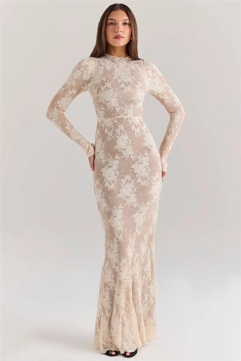 Vestido Maxi Bodycon de Renda Branco Mozision