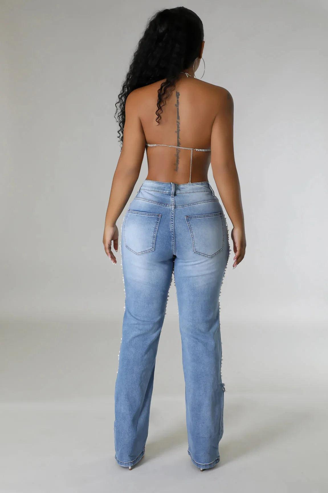 Calça Feminina Jeans Rasgada com Strass