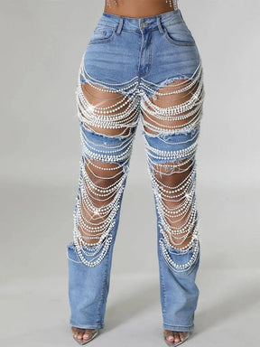 Calça Feminina Jeans Rasgada com Strass