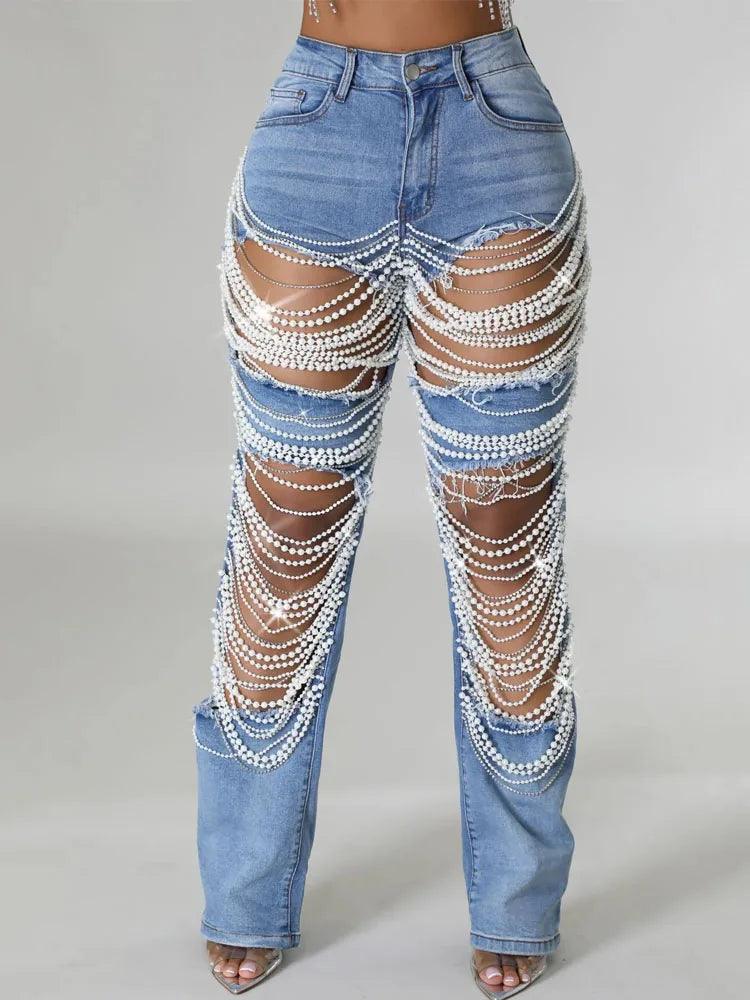 Calça Feminina Jeans Rasgada com Strass