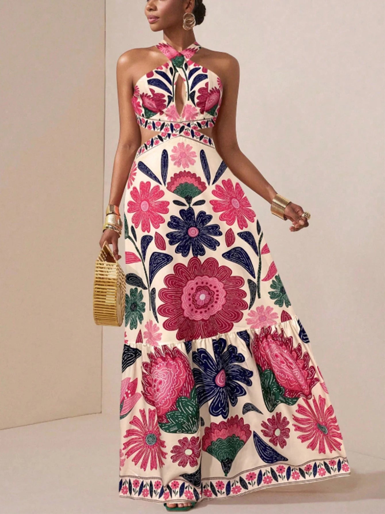 Vestido Longo Feminino Estampa Floral Decote Halter