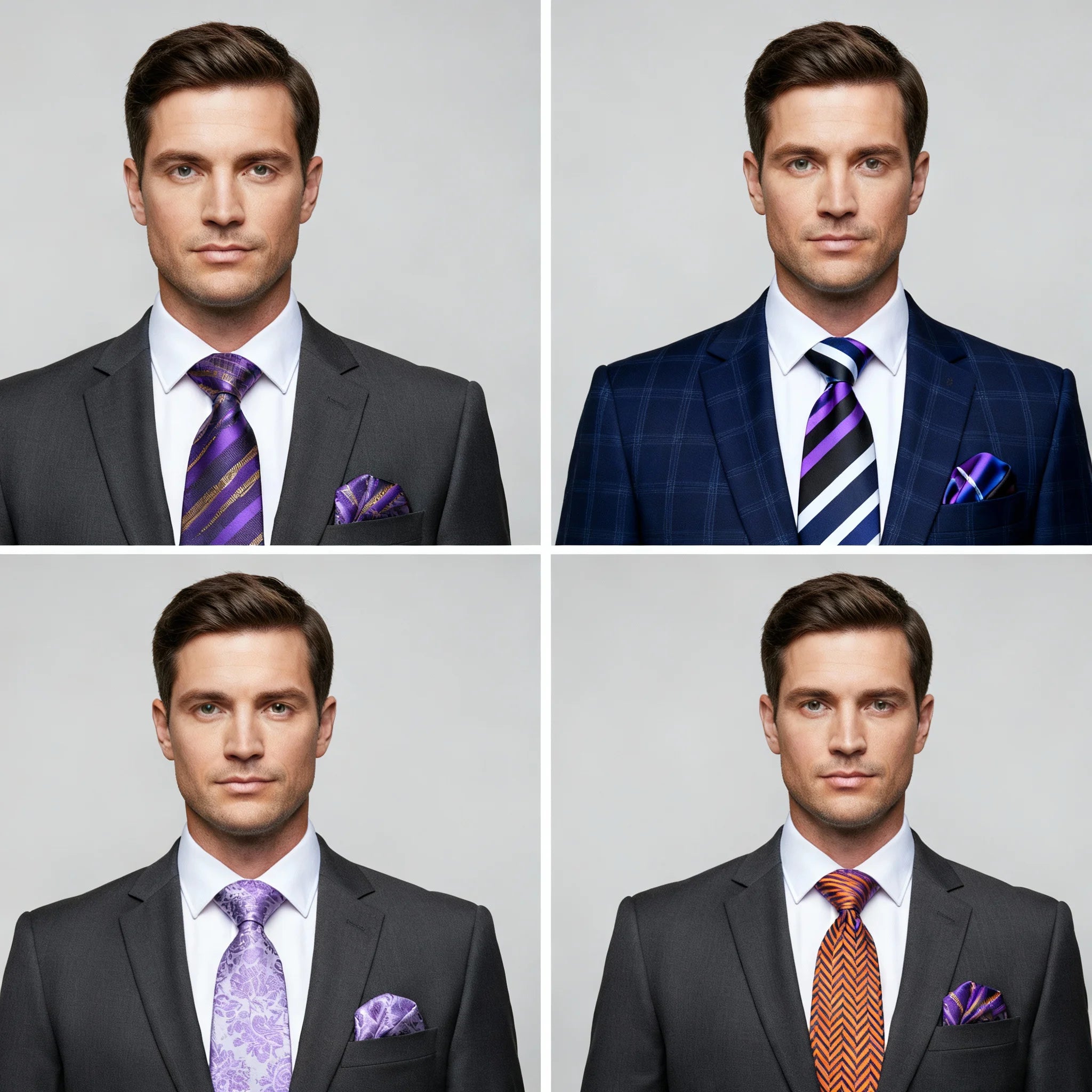 Conjunto 3 Peças Gravata Masculina Poliéster Roxa com Lenço e Abotoaduras