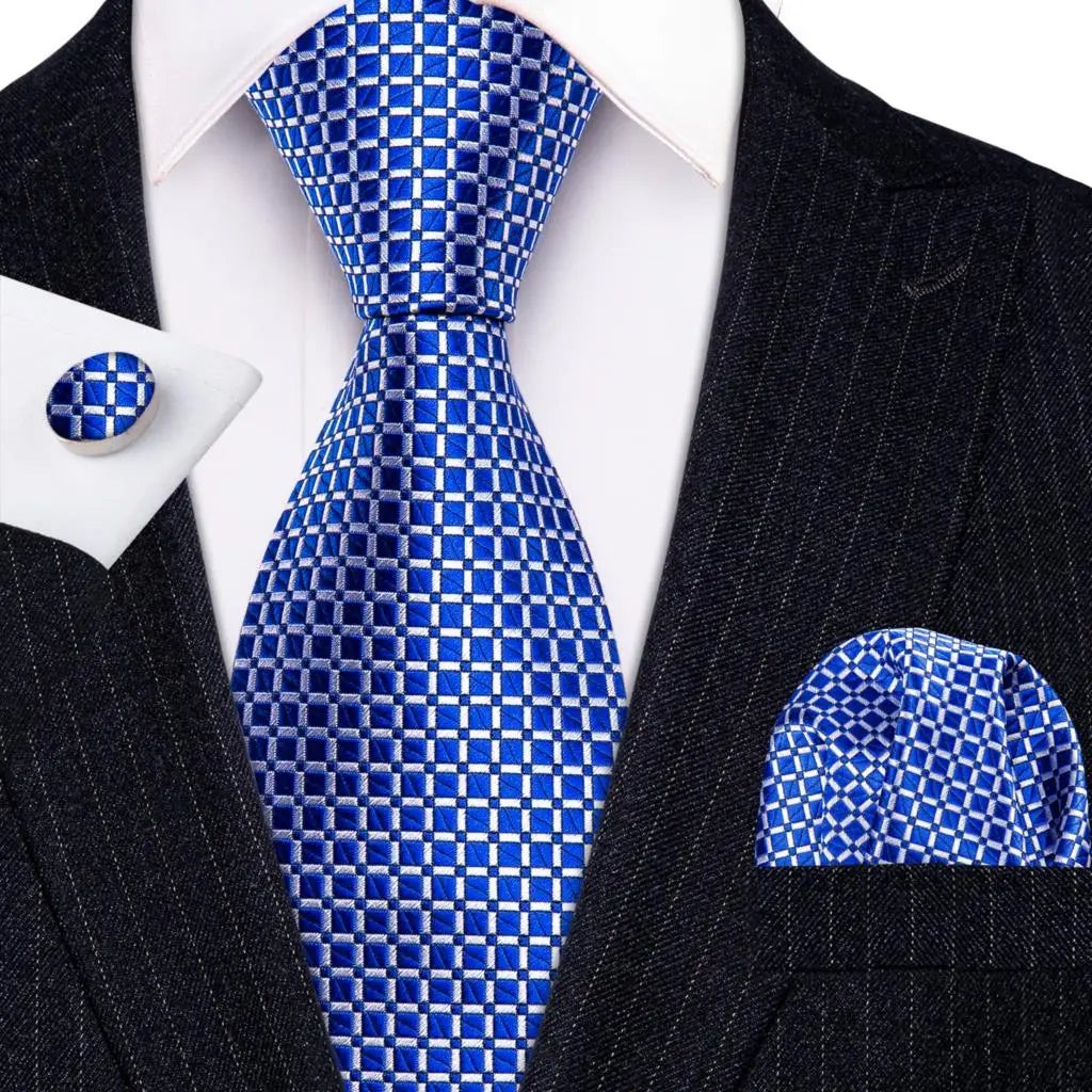 Conjunto Gravata Masculina Social Azul com Lenço e Abotoaduras