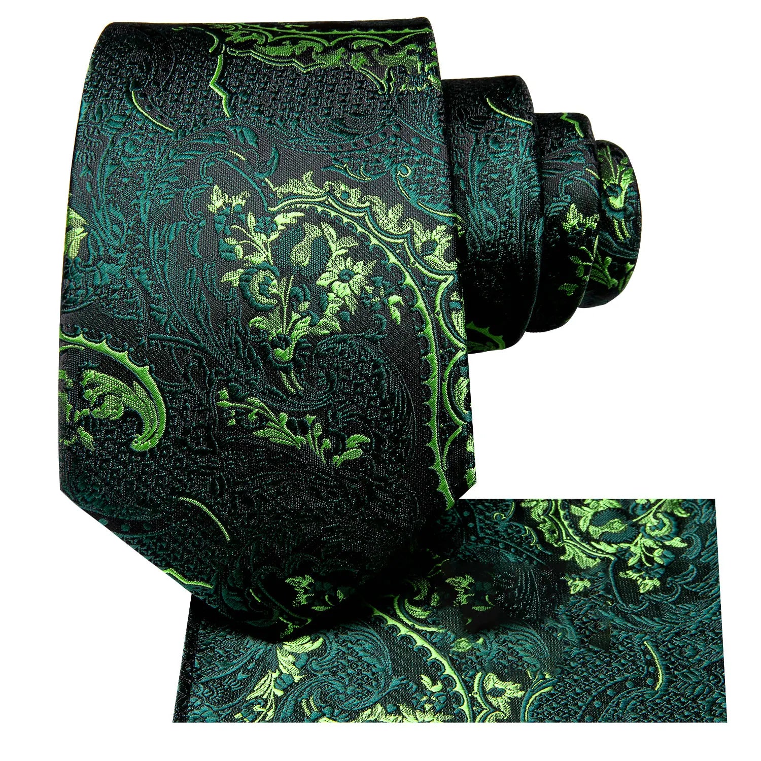 Gravata Masculina Verde Escuro Floral com Lenço de Bolso