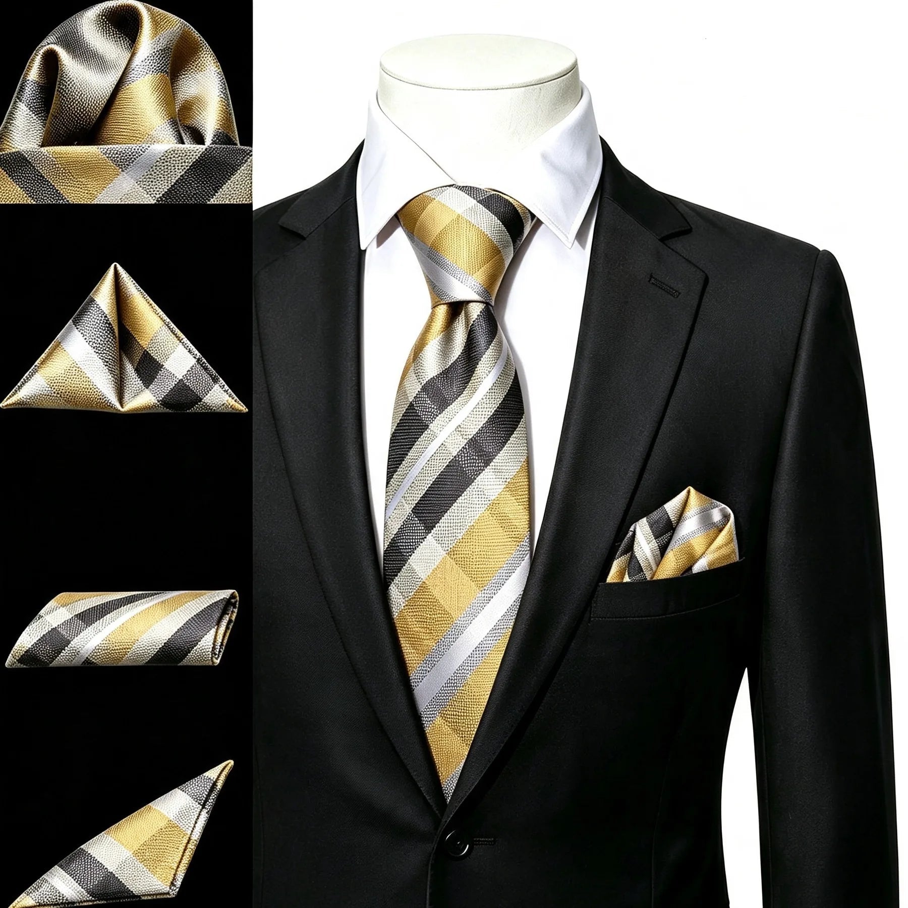 Gravata Masculina Amarela Xadrez com Lenço de Bolso