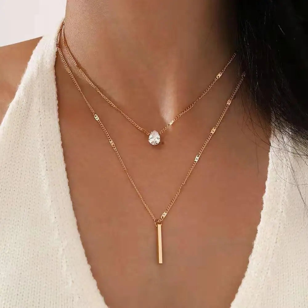 Colar Feminino Duplo Gota em Zircônia